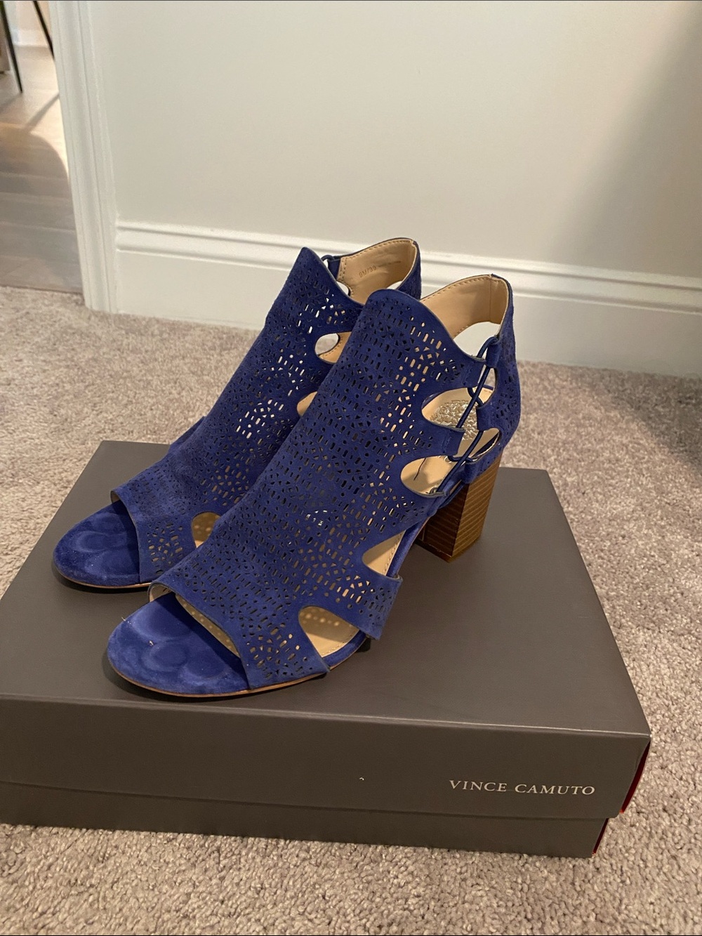 Vince Camuto Navy Cutout Suede Block Heel Sandals
